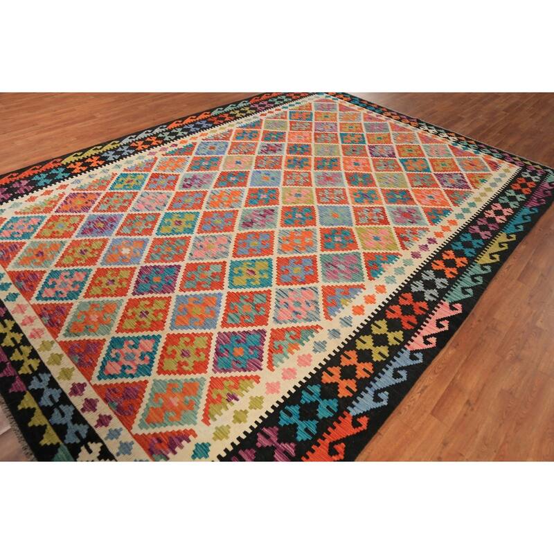 Colorful Trellis Kilim Area Rug Hand-Woven Wool Carpet - 8'3" x 11'8"