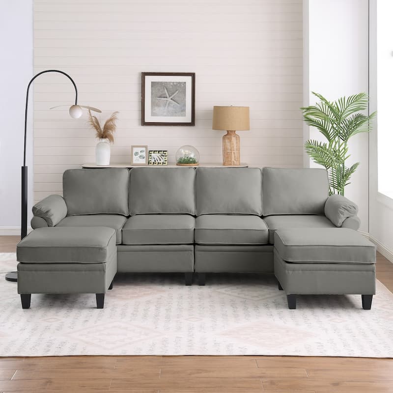 102" U-Shaped Linen Fabric Sectional Sofa with Ottomans - Dark Grey