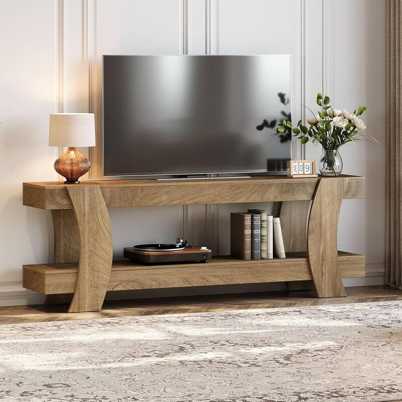 63" TV Stand with Storage, Farmhouse Wooden Media Console for 55/60/65/70-Inch TVs - Brown