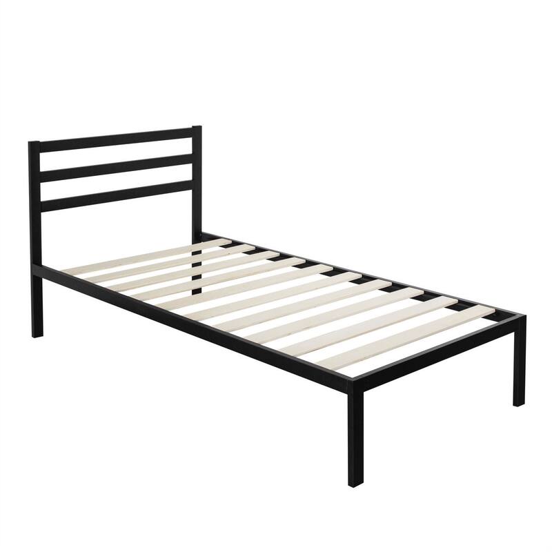 Black Metal Twin Platform Bed Frame with Headboard and Wooden Slats