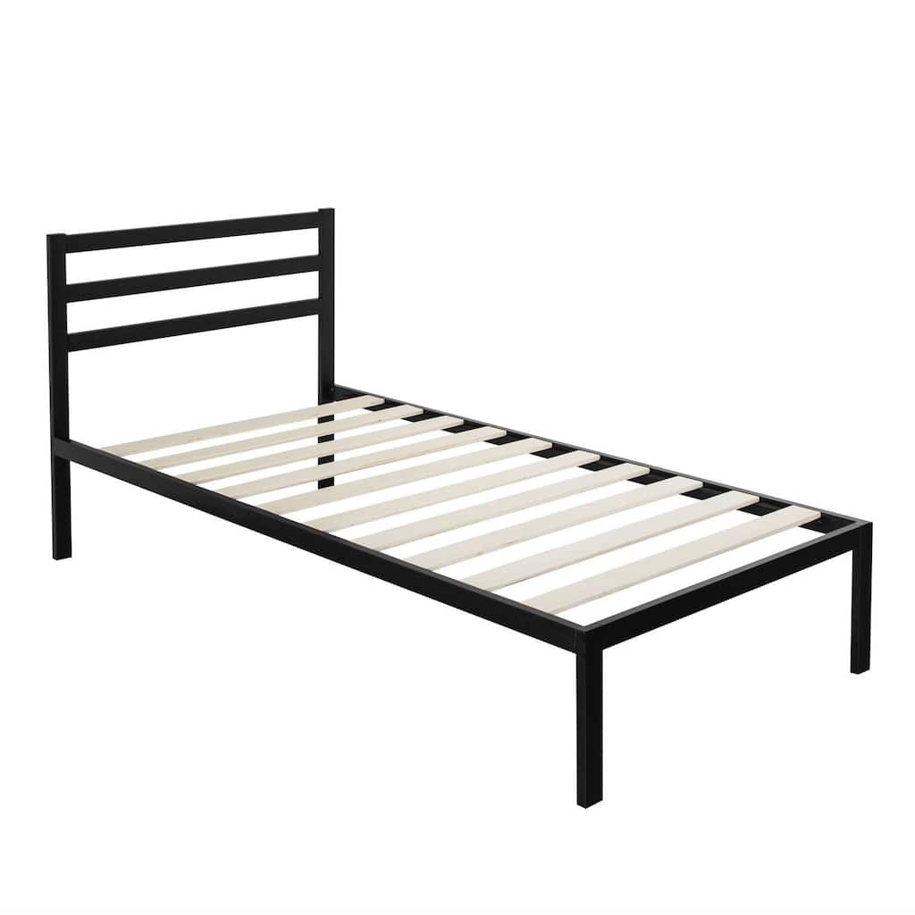 Black Metal Twin Platform Bed Frame with Headboard and Wooden Slats