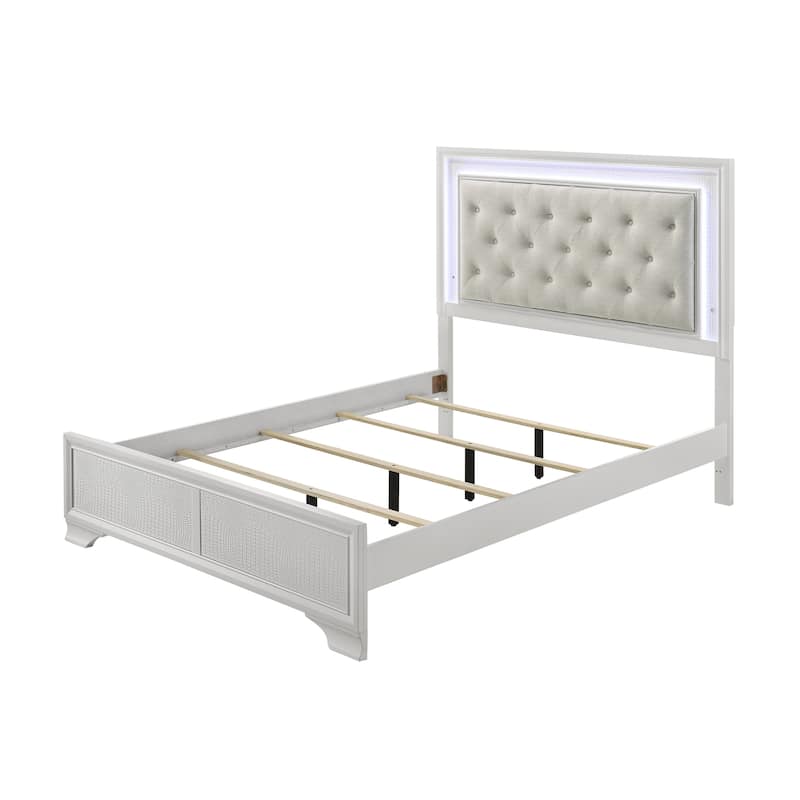 Modern White Tufted LED Headboard Queen Size Panel Bed with Textured Finish & Integrated Lighting