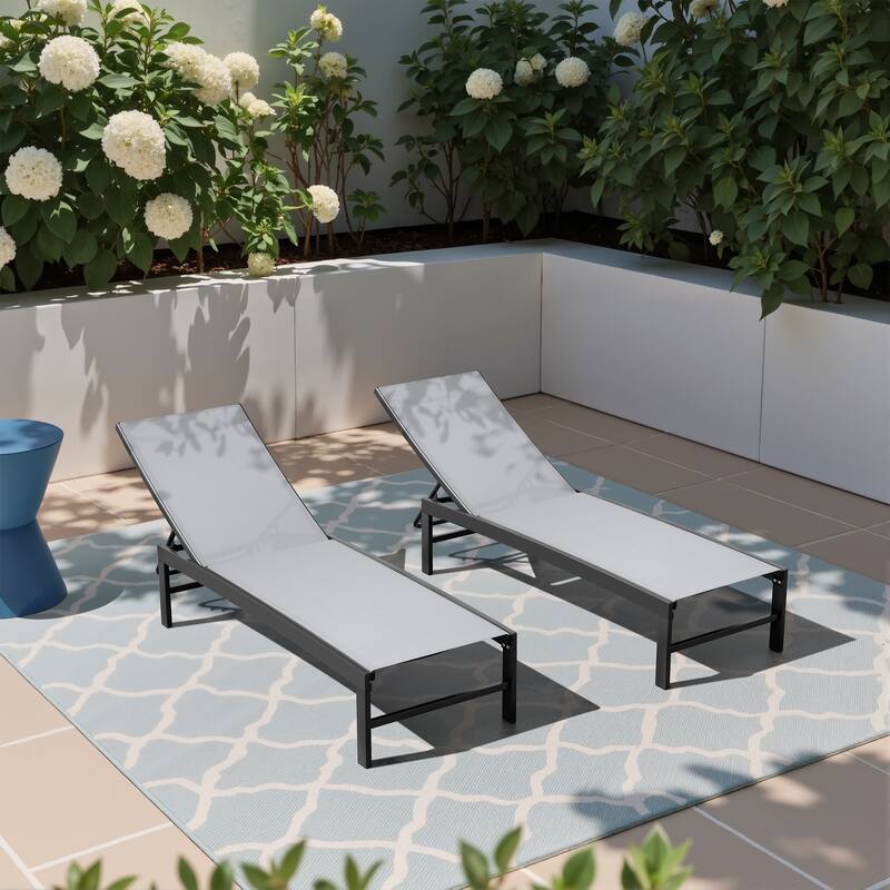 Outdoor Pool Lounger Aluminum All-weather Adjustable Chaise Lounge Chair - See Picture - Light Grey Fabric, Dark Grey Frame - Set of 2
