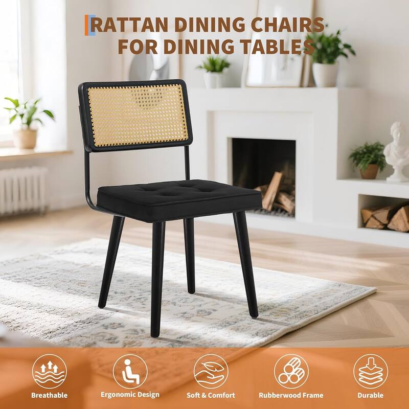 Natural Rattan Dining Chairs, Velvet Upholstered Kitchen Chairs with Tall Cane Backrest
