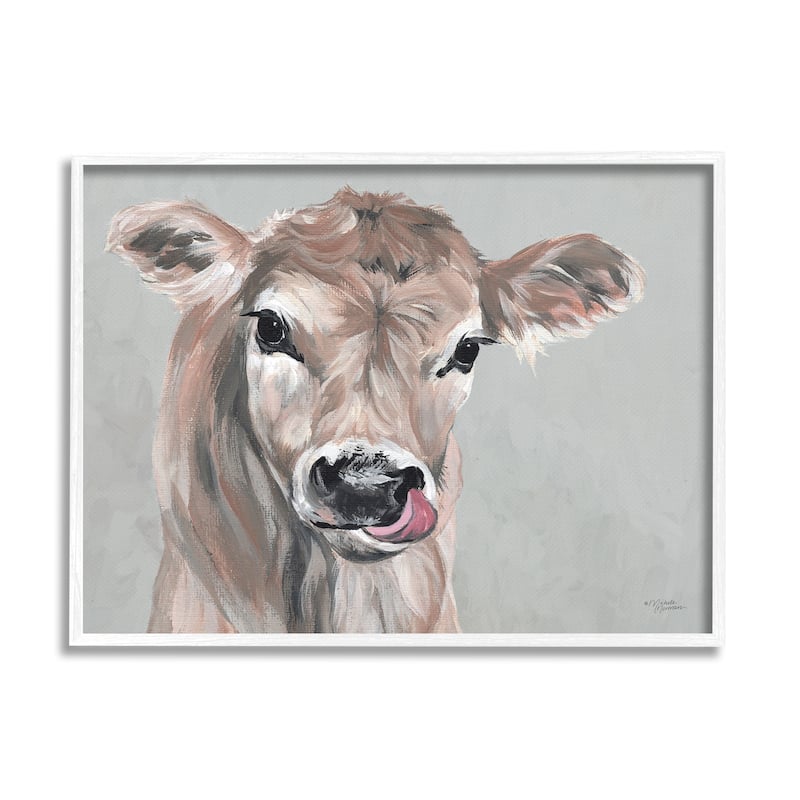 Stupell Cute Baby Farm Cow Calf Licking Lips Portrait Framed Wall Art - Grey - 14 x 11 - White