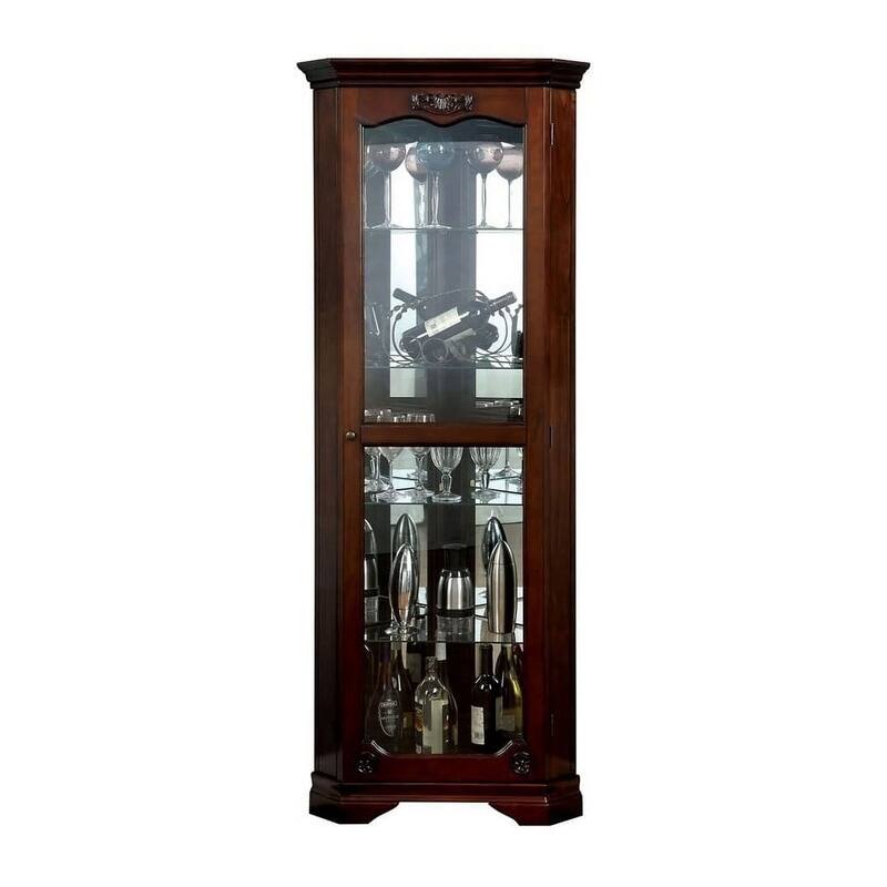 72 Inch Corner Curio Cabinet, 5 Shelves, Tempered Glass Door, Brown Wood
