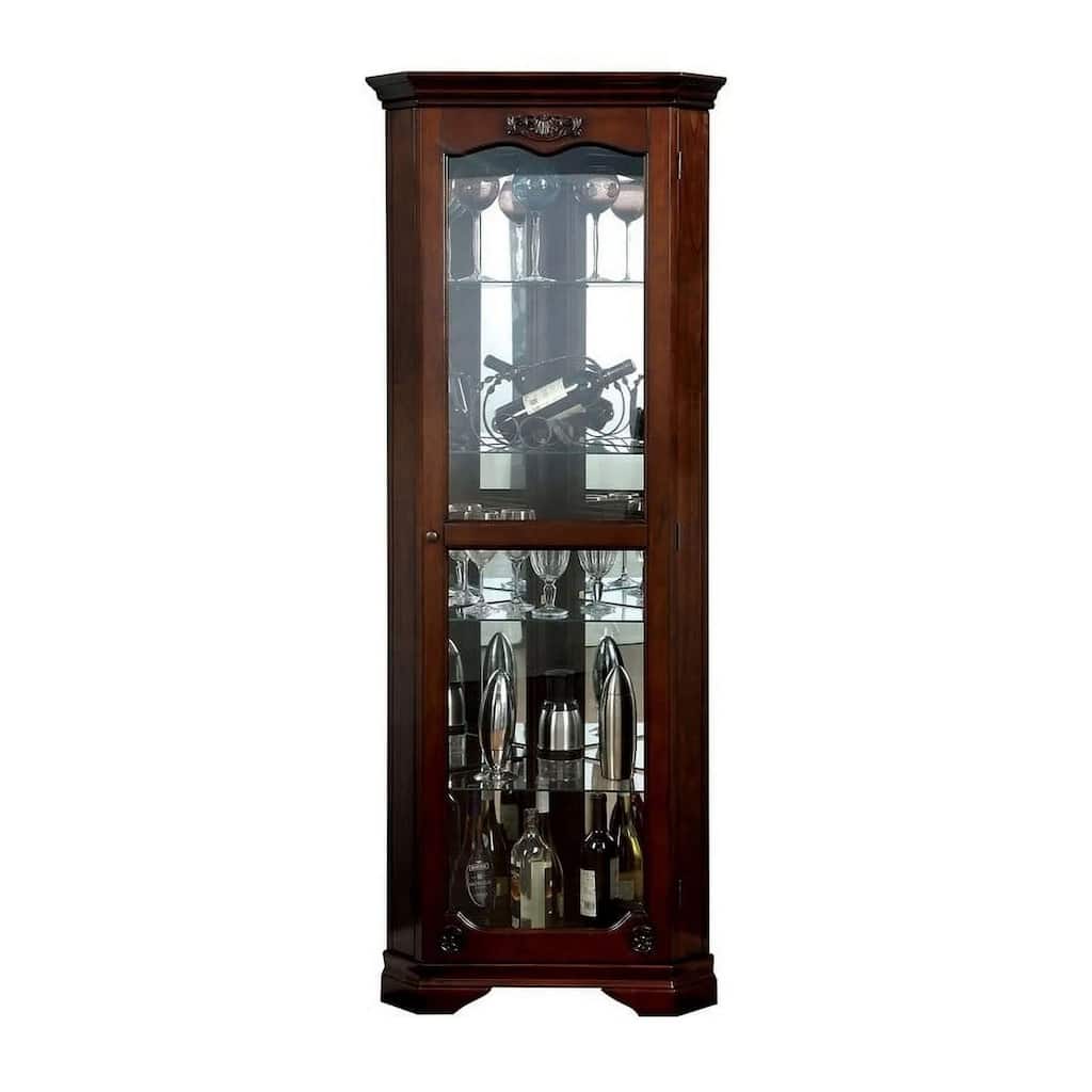 72 Inch Corner Curio Cabinet, 5 Shelves, Tempered Glass Door, Brown Wood