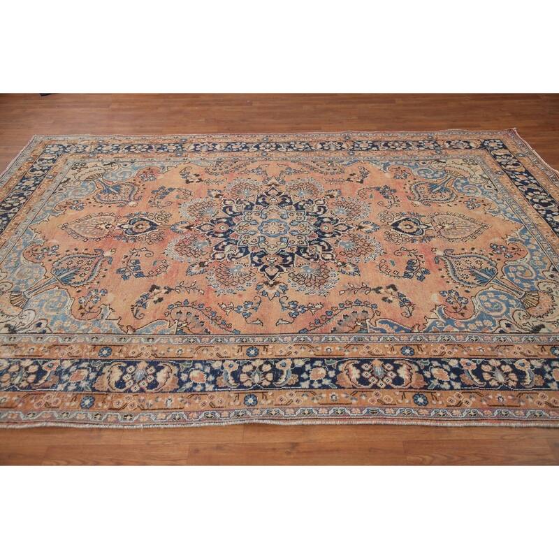 Hand Knotted Oriental 100% Wool Carpet Traditional Floral Oranges & Rust Mashad Area Rug - 9' 7'' X 6' 6''