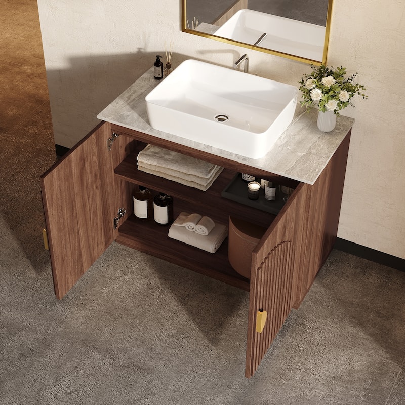 36" Mid - Century Modern Bathroom Vanity With Single Sink Grille Door & Gold Accents