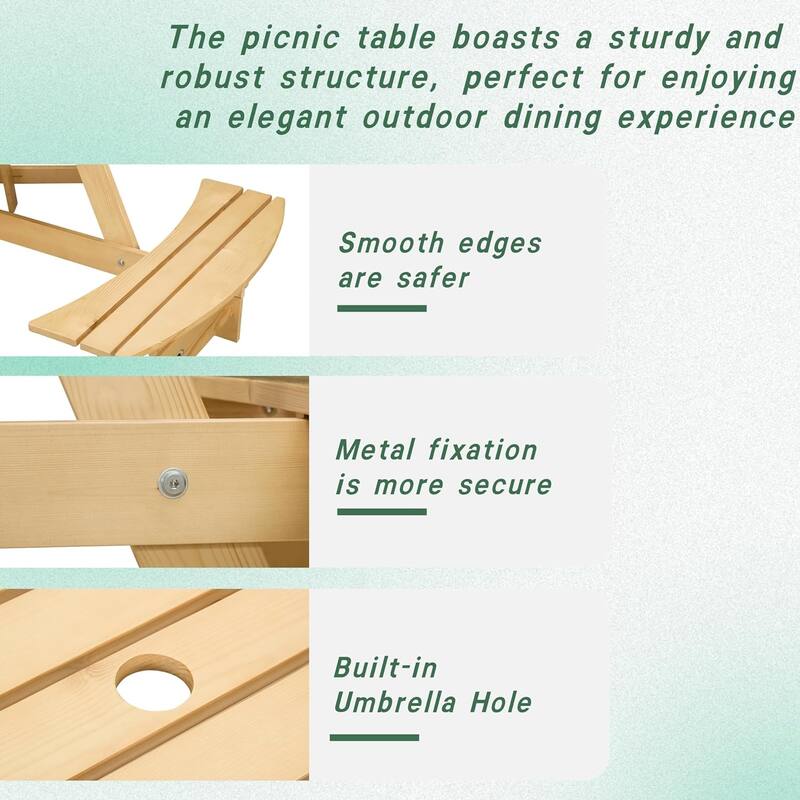 Roomfitters Outdoor 6 Person Picnic Table, 6 person Round Picnic Table with 3 Built-in Benches, Natural