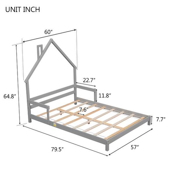 dimension image slide 2 of 3, Full Size Pine Wood House-Shaped Headboard Floor Bed with Handrails