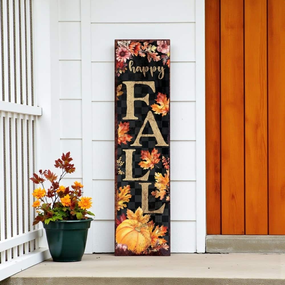 HomeRoots 36" Black And Orange Solid Wood Happy Fall Leaves Porch Sign