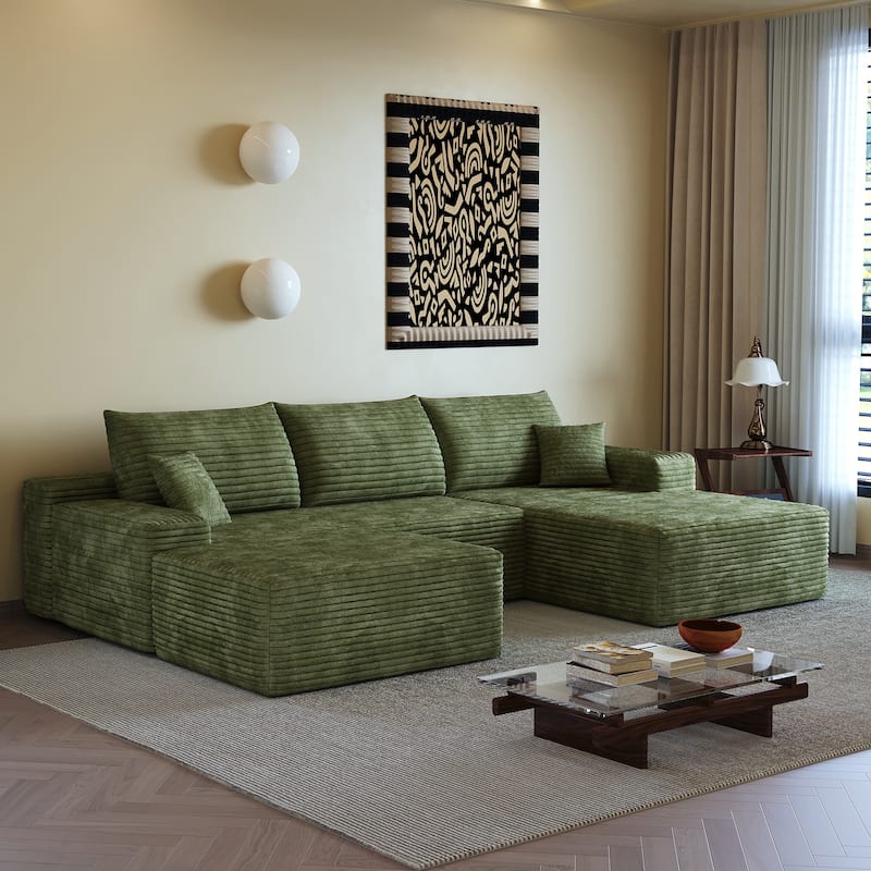 Symmetrical U-shaped Sectional Sofa with Right Facing Chaise Lounge and Ottoman, Corduroy Upholstered Modular Deep Seat Couch