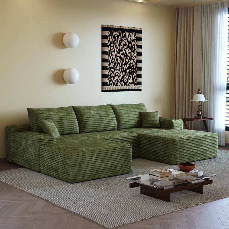 U-Shape Modular Sectional Sofa with Chaise & Ottoman, Corduroy Boneless Cloud Sofa, Corner Upholstered Sleeper Sofa