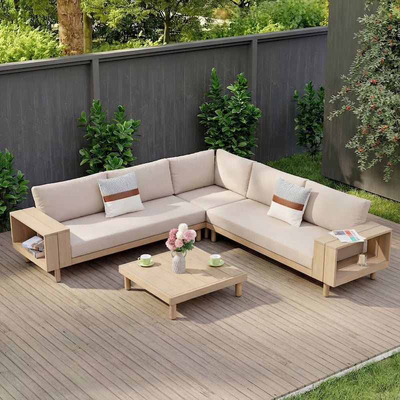 Outdoor 4-Piece Conversation Set Solid Eucalyptus Wood L-Shaped Sectional Sofa with Coffee Table