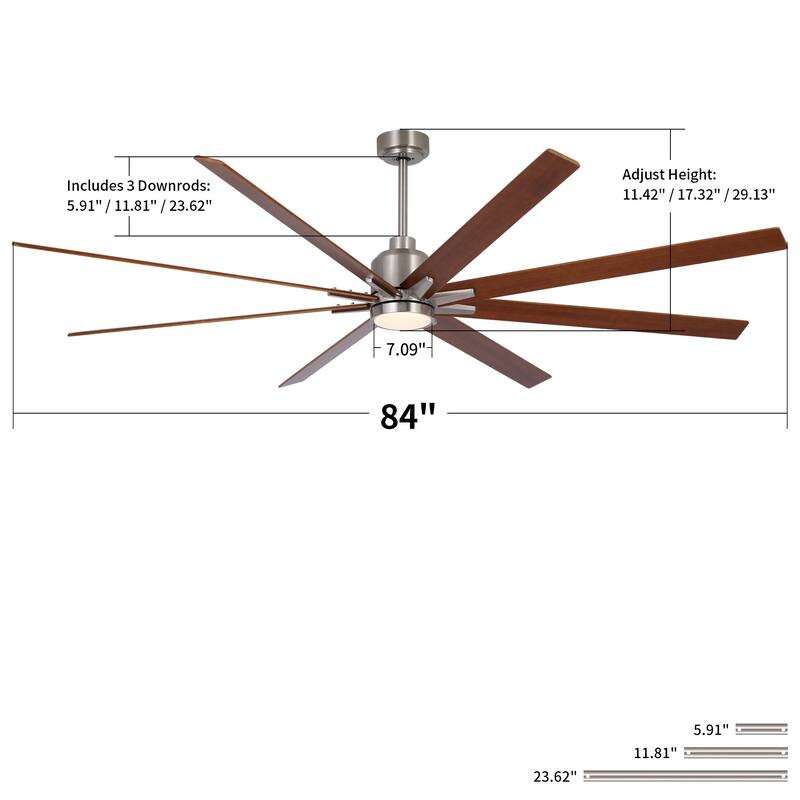 84" Oversized Large Black Walnut Solid Wood Ceiling Fan with Dimmable Led Light 8 Blades Remote Control Reversible DC Motor