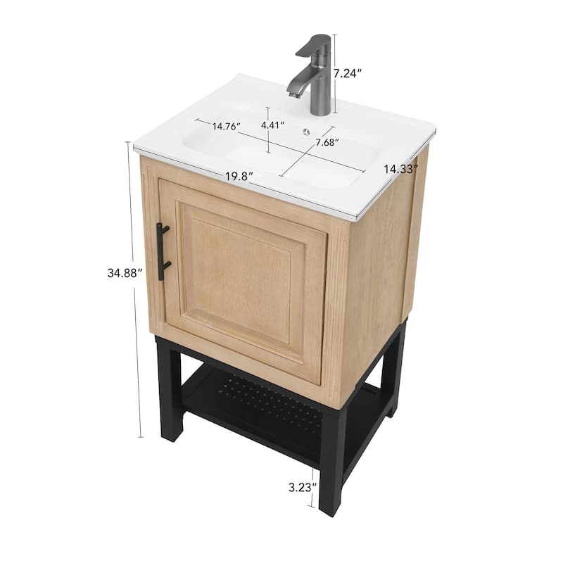 GDFStudio - CompactLine Modern Freestanding Bathroom Vanity with Ceramic Sink and Open Metal Shelf - 20 Inch