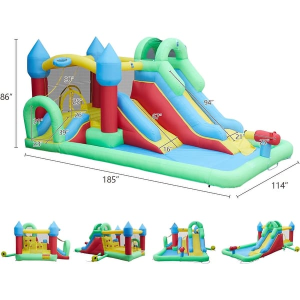 Kinbor Bounce House Inflatable Water Slide w/ Jumping Area, Climbing Wall Blower Basketball Rim Water Cannon Splash Pool Tunnel