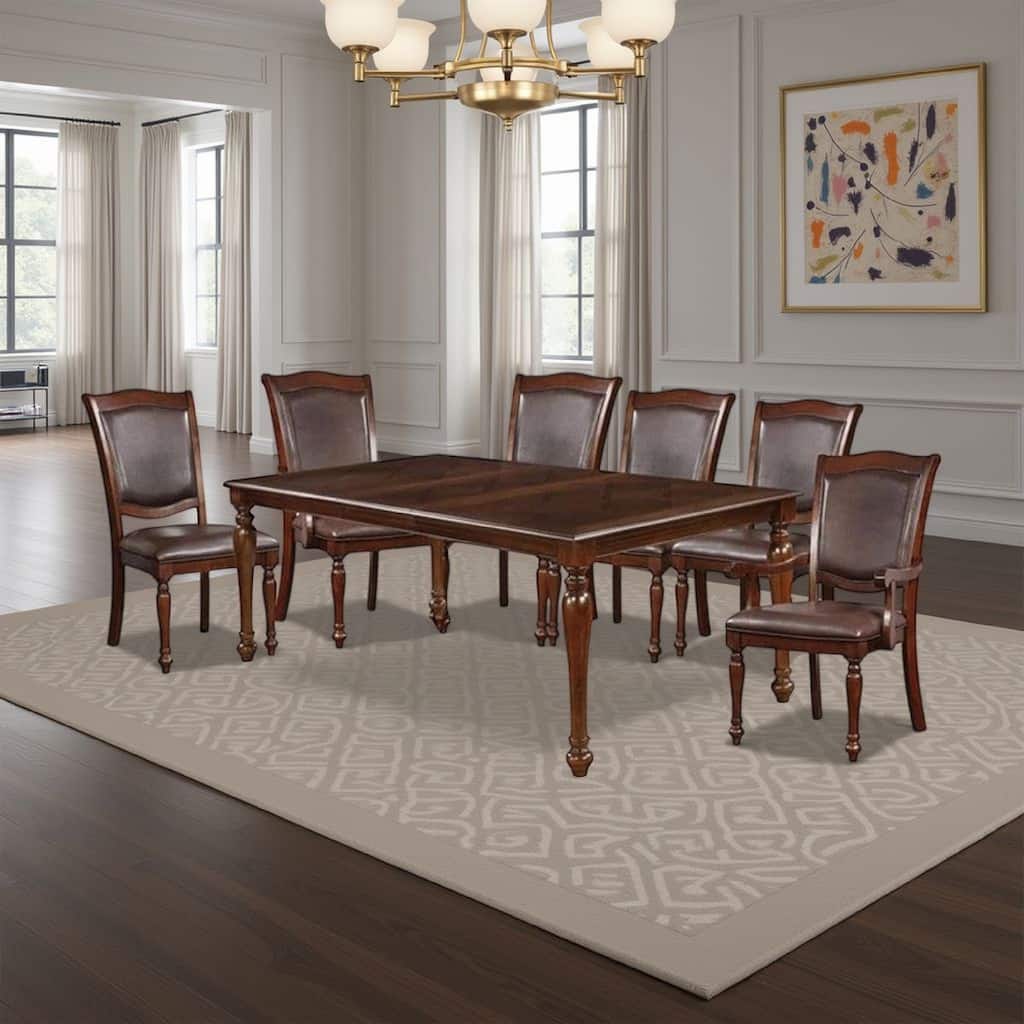 Veni 7pc Dining Table and Chair Set, Cherry Brown Wood, Faux Leather