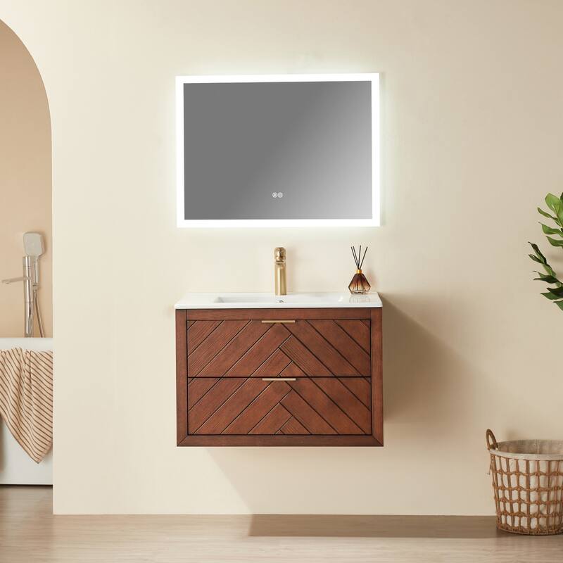 Modland 30" Wall Mount Bathroom Vanity with Ceramic Sink - 2 Soft-Close Drawers, Black/Walnut - 30 inch