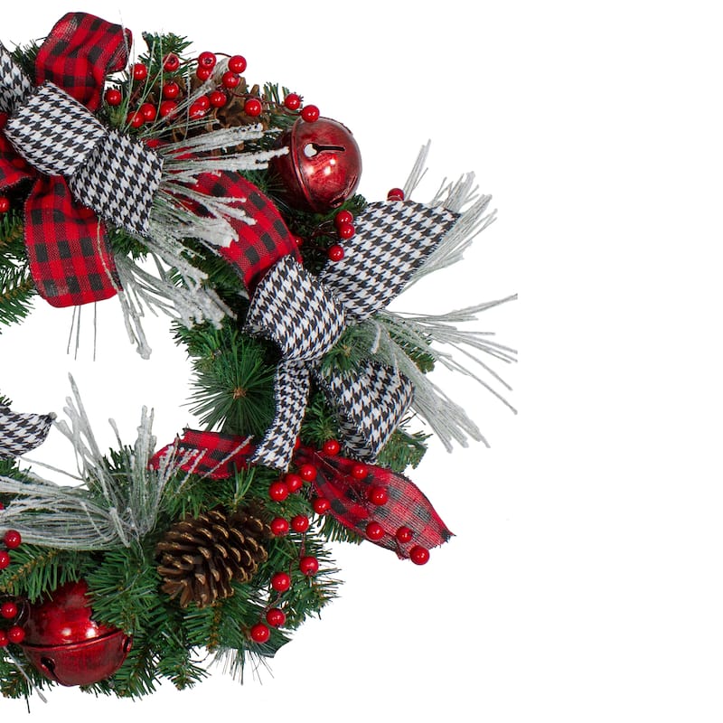 Plaid Houndstooth Red Berries Artificial Christmas Wreath - 24", Unlit