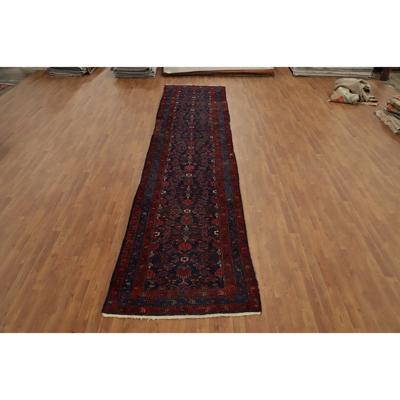 Hand Knotted Oriental 100% Wool Carpet Traditional Floral Navy Blue & Blues Malayer Runner Rug - 16' 3'' X 3' 8''