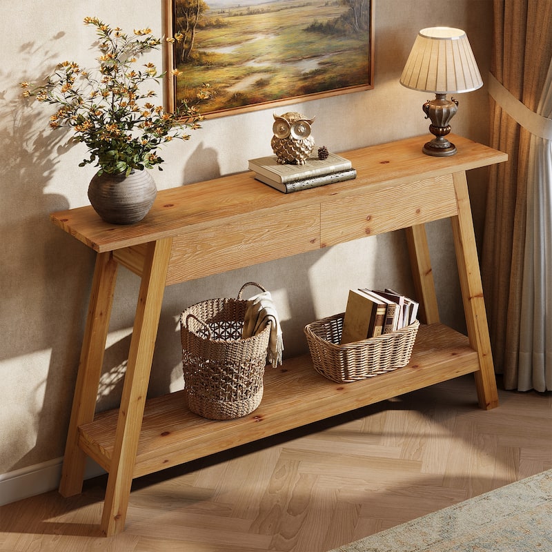 2-Tier Solid Wood Entryway Table with 2 Drawers