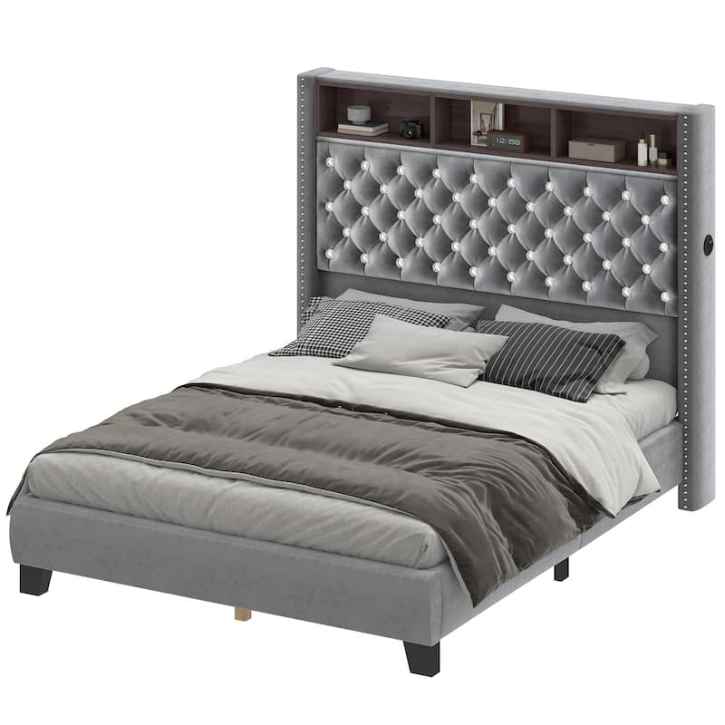 58" Tall Wingback Storage Headboard Bed Frame with USB Charging Stations and Deep Button Tufted