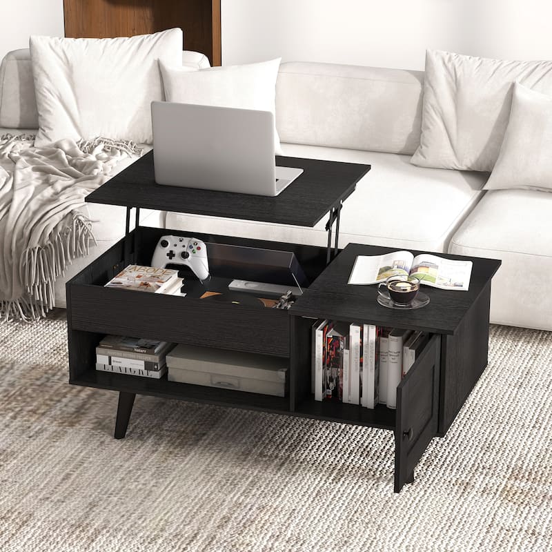 Open Shelf Coffee Table with Lift-Top Workstation and Hidden Storage Cabinet for Living Room - 39.5" x 19.5" x 18" (L x W x H)