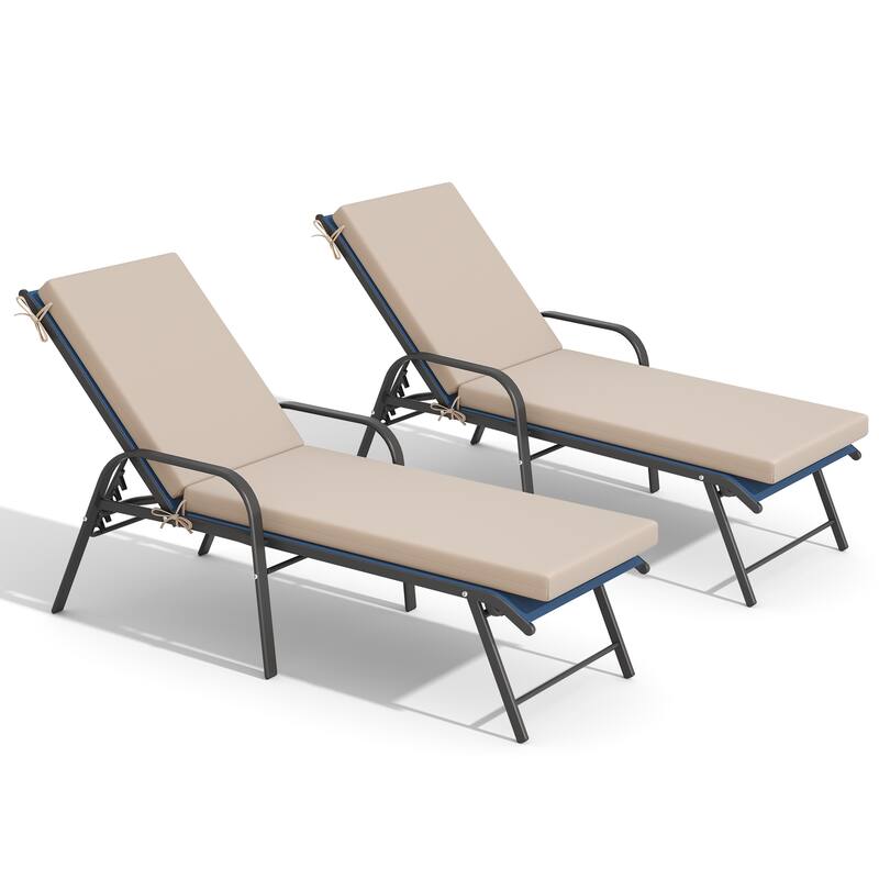 Outdoor Lounge Chairs Chaise Lounge Set with Adjustable Back and Cushions - Navy Blue Fabric Chair with Beige Cushion
