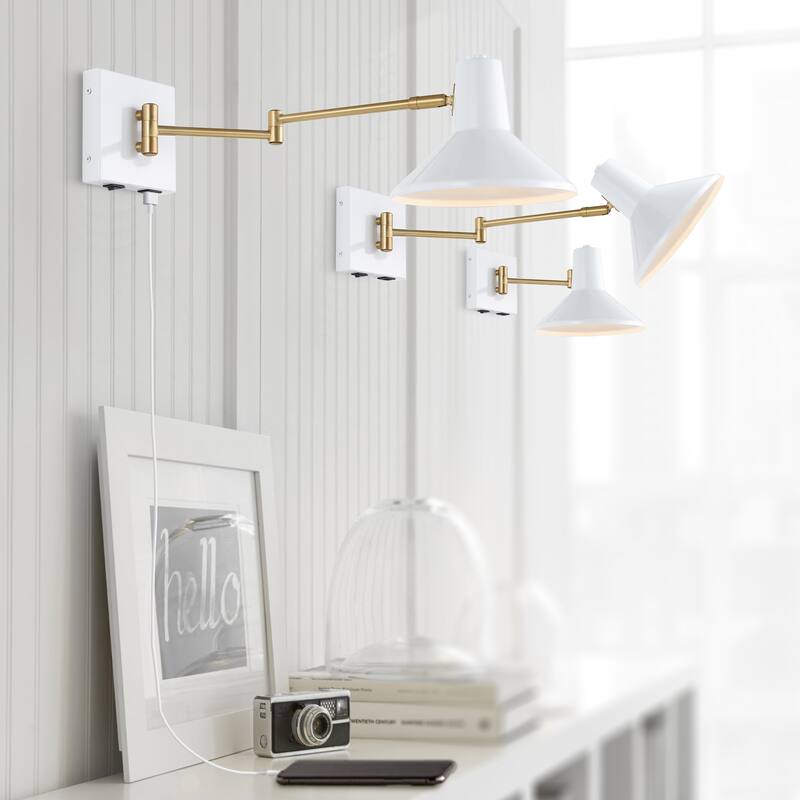 Max Swing Arm 1-Light Modern Midcentury Iron USB Charging Port LED Sconce, by JONATHAN Y