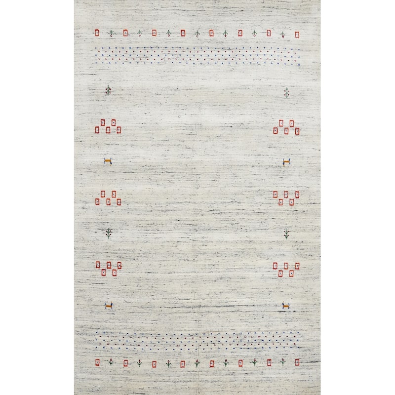 Hand Knotted Oriental 100% Wool Carpet Tribal Animal Pictorial Beige & Ivories Gabbeh Area Rug - 7' 7'' X 5' 3''