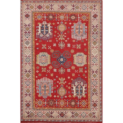 Red Geometric Kazak Oriental Accent Rug Hand-Knotted Wool Carpet - 4'3" x 6'0"
