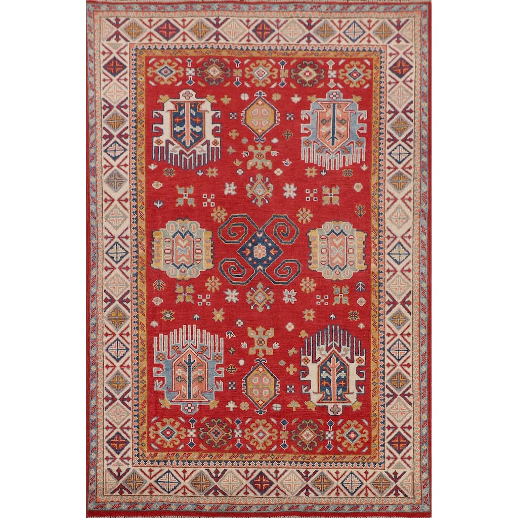 Red Geometric Kazak Oriental Accent Rug Hand-Knotted Wool Carpet - 4'3" x 6'0"
