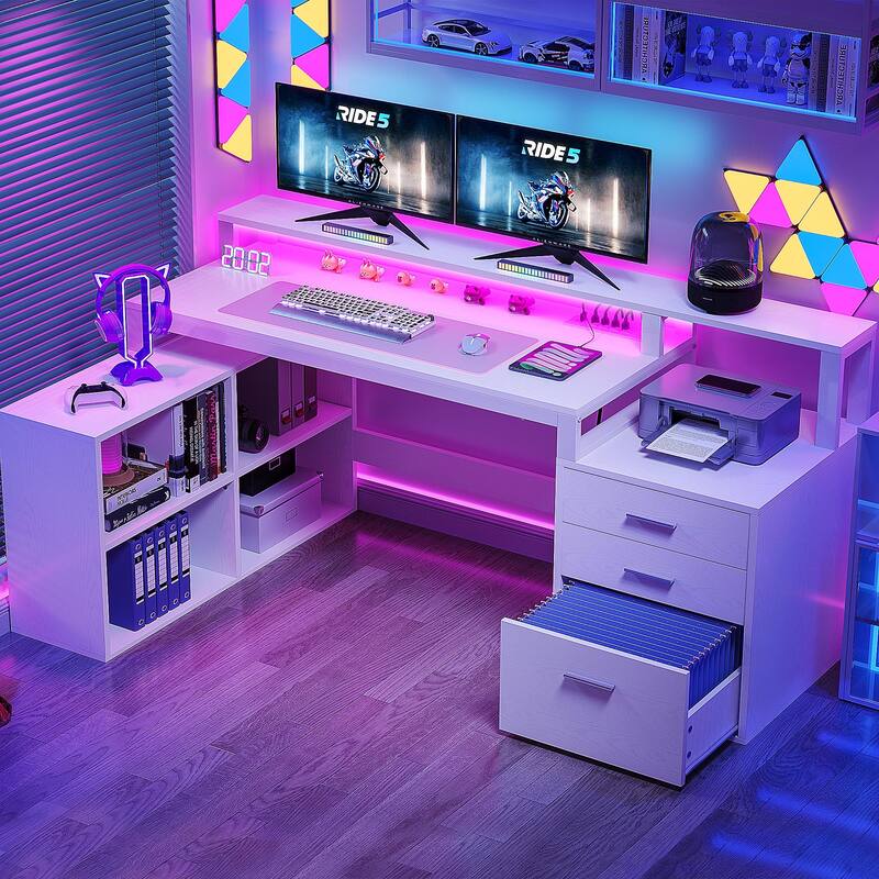 Moasis L Shaped Office Home LED Computer Gaming Desk with Drawers and Storage Shelves