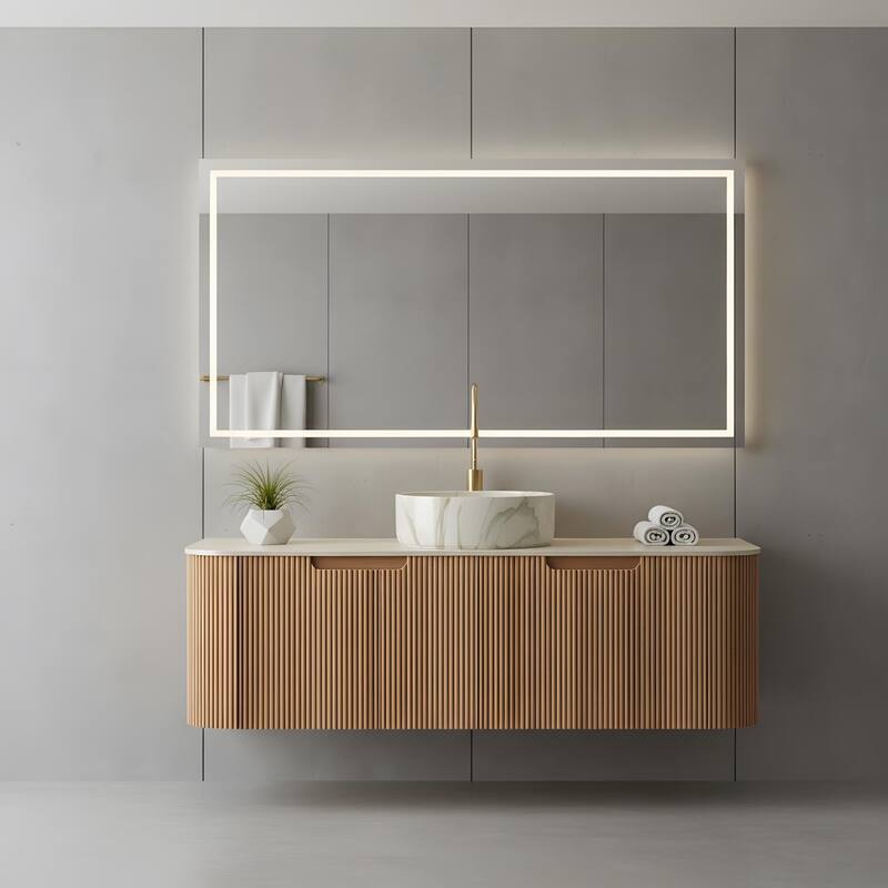 Floating Bathroom with Round Ceramic Basin and Storage Drawer