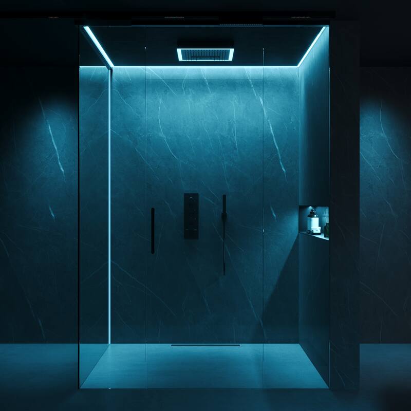 GRANDJOY Thermostatic LED Rain and Waterfall Shower System with Handheld, Built-In Music Function