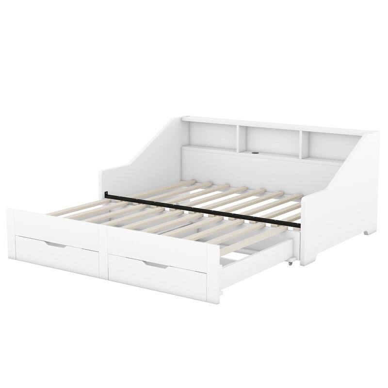 Twin to King Size Daybed Frame with Storage Bookcases and Two Drawers,Charging Design