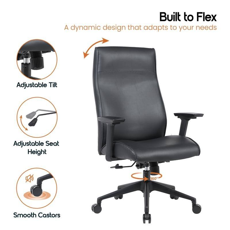 Maxwell High-Back Leather Adjustable Executive Office Chair - Ergonomic Swivel Desk with Stainless Steel Lift 350 lb. Limit