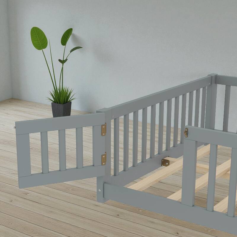 Twin/Full/Queen Size Wood Floor Bed with Door and Guardrails for Kids, Montessori Bed with Removable Slats
