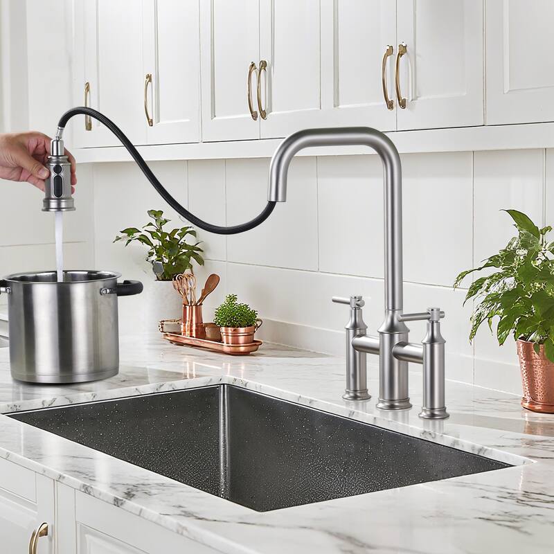 WOWOW Double Handle Bridge Kitchen Faucet with Advanced Spray