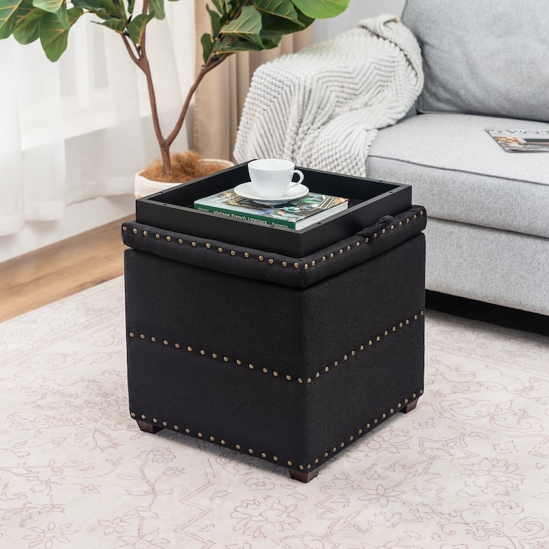Adeco Fabric Square Ottoman with Tray - Black