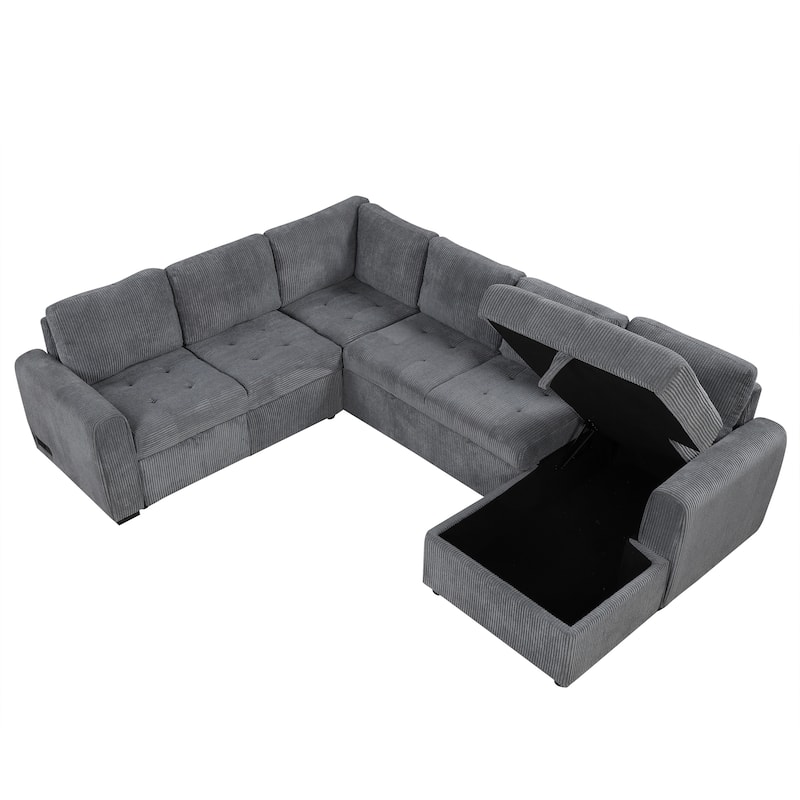 107.5" U-Shaped Corduroy Sectional Sofa Bed with USB