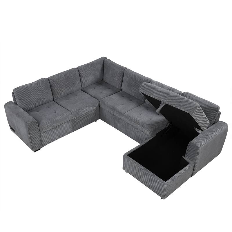 Convertible U-Shape Sectional Sleeper Sofa with Storage Chaise and USB Ports