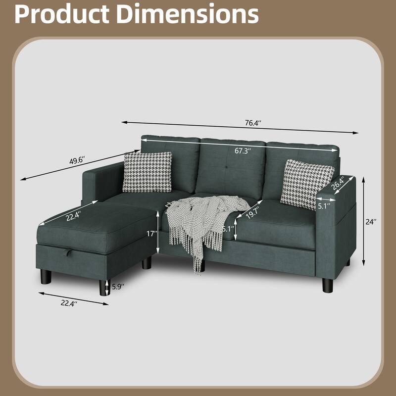 Futzca Linen Upholstered L-shaped Sectional Sofa w/ Reversible Chaise