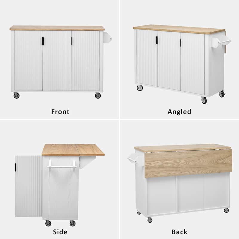 Fluted Kitchen Island with Drop Leaf, Mobile Kitchen Island on Locking Wheels, Rolling Kitchen Cart with Towel Rack