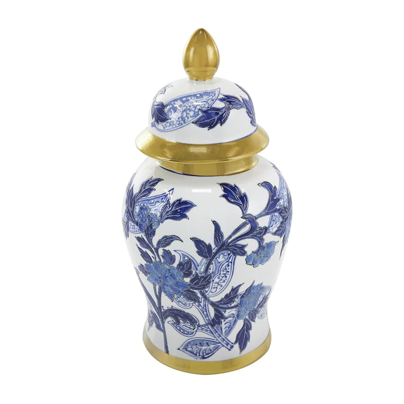 Ceramic Floral Living Room Decorative Jars with Cream and Gold Accents - Blue - Roche River Decor - Blue - 7"W, 14"H