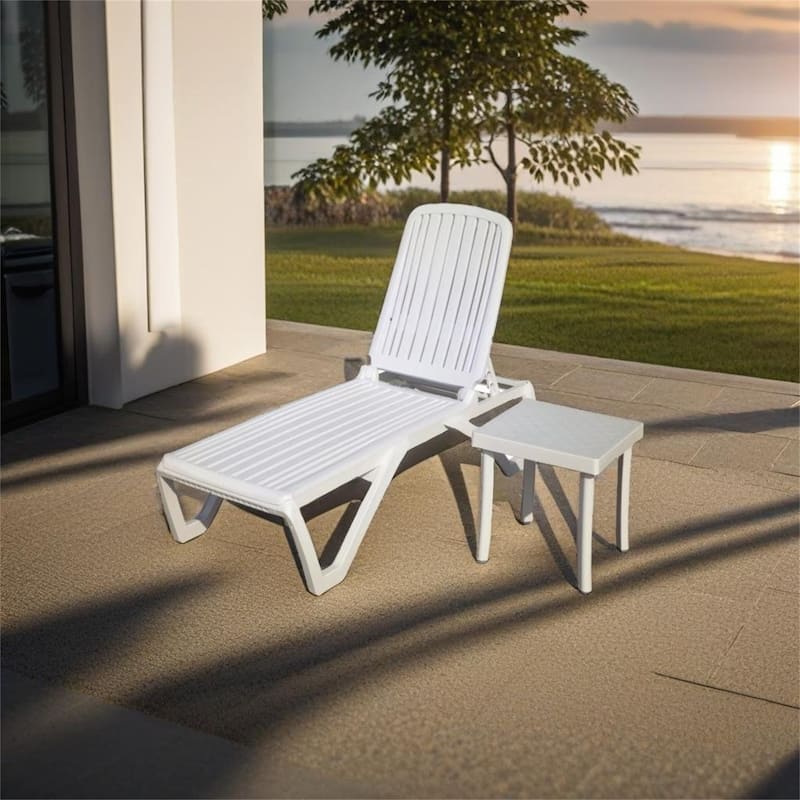 Outdoor Chaise Lounge with Table - White