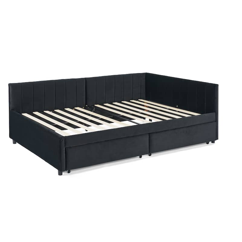 Full Size Upholstered Tufted Bed Frame with Two Drawers, Sofa Bed Frame with Comfortable Backrest and Armrests, Velvet