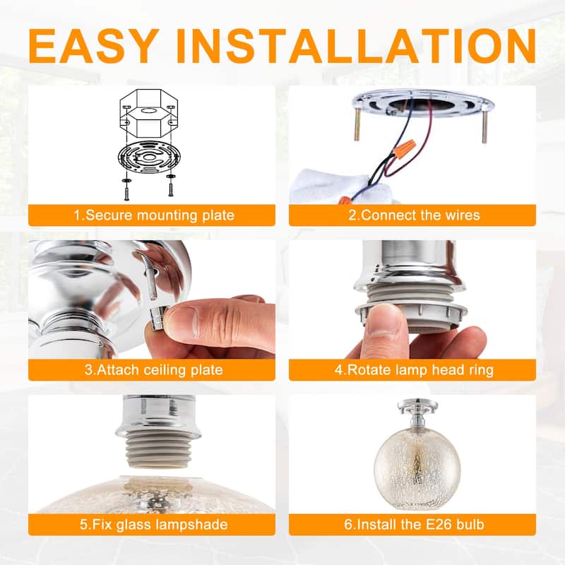 1 Light Semi-Flush Mount Ceiling Light with Cognac Crackle Glass Globe - Dia.10-in